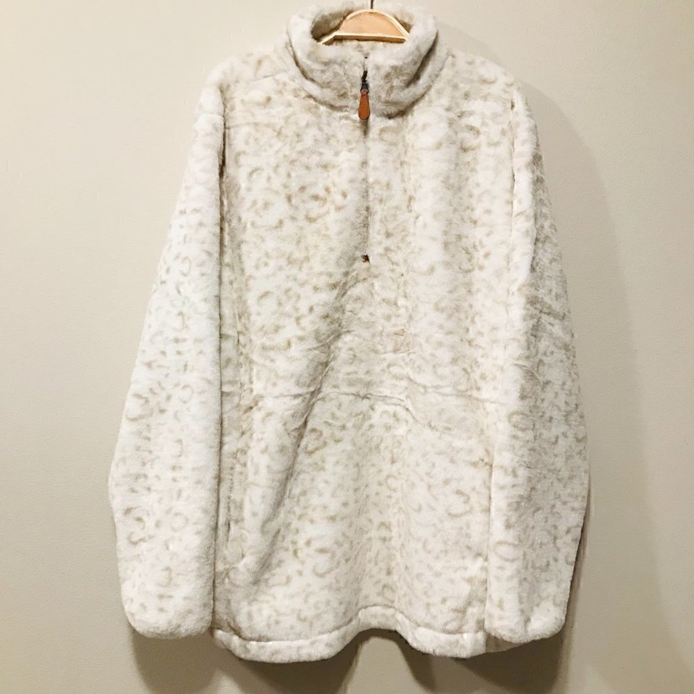Katiedid White Leopard Faux Fur Fleece Front Half Zip Pullover Size XL